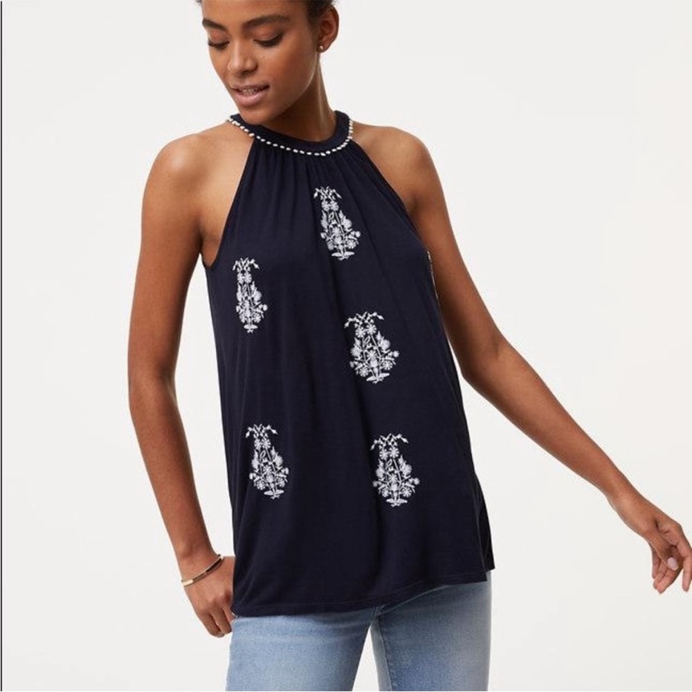 LOFT Navy Blue Embroidered Floral Halter Tank Top Small